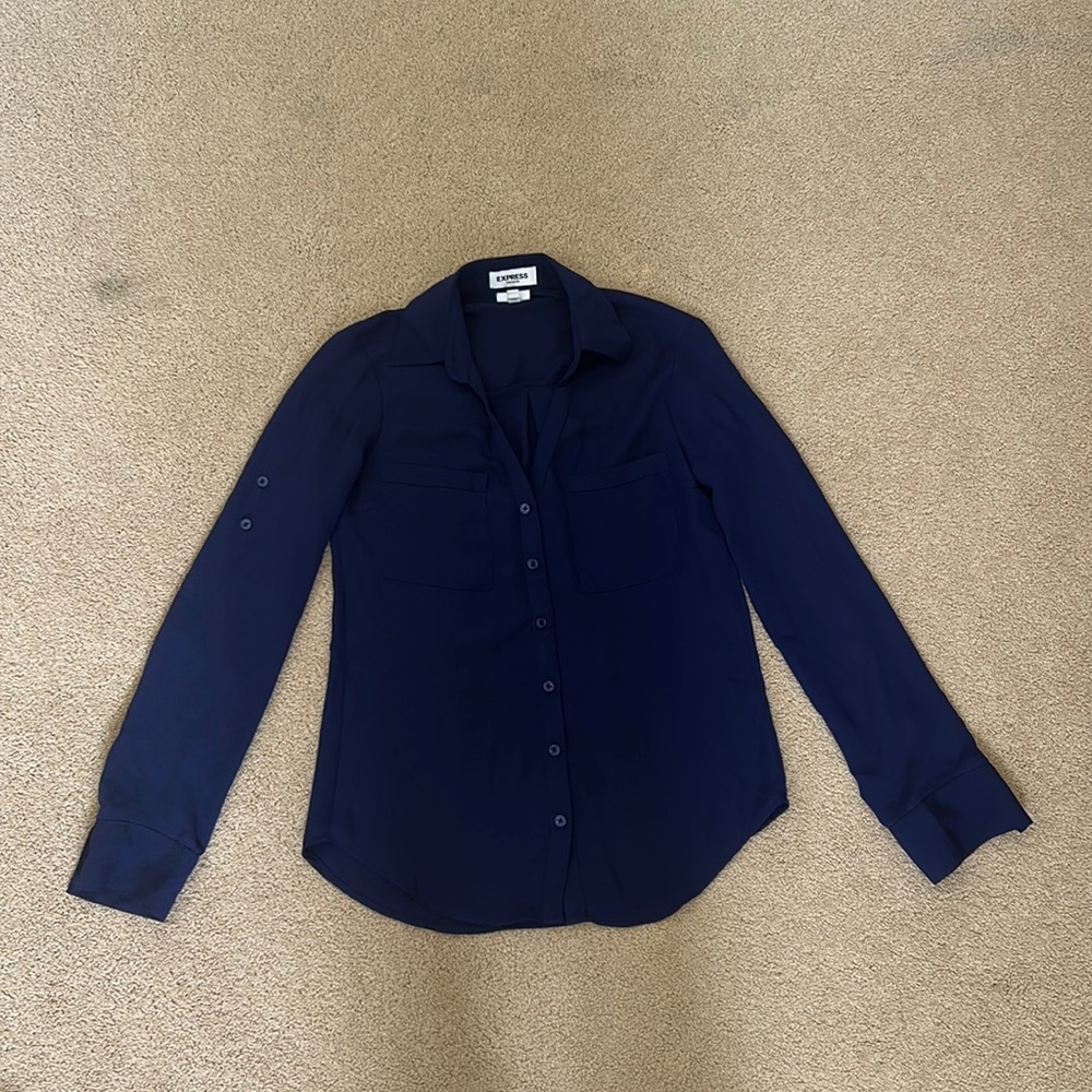 Express Portofino Slim Fit Button Down Blouse Shirt Top Blue Sz S